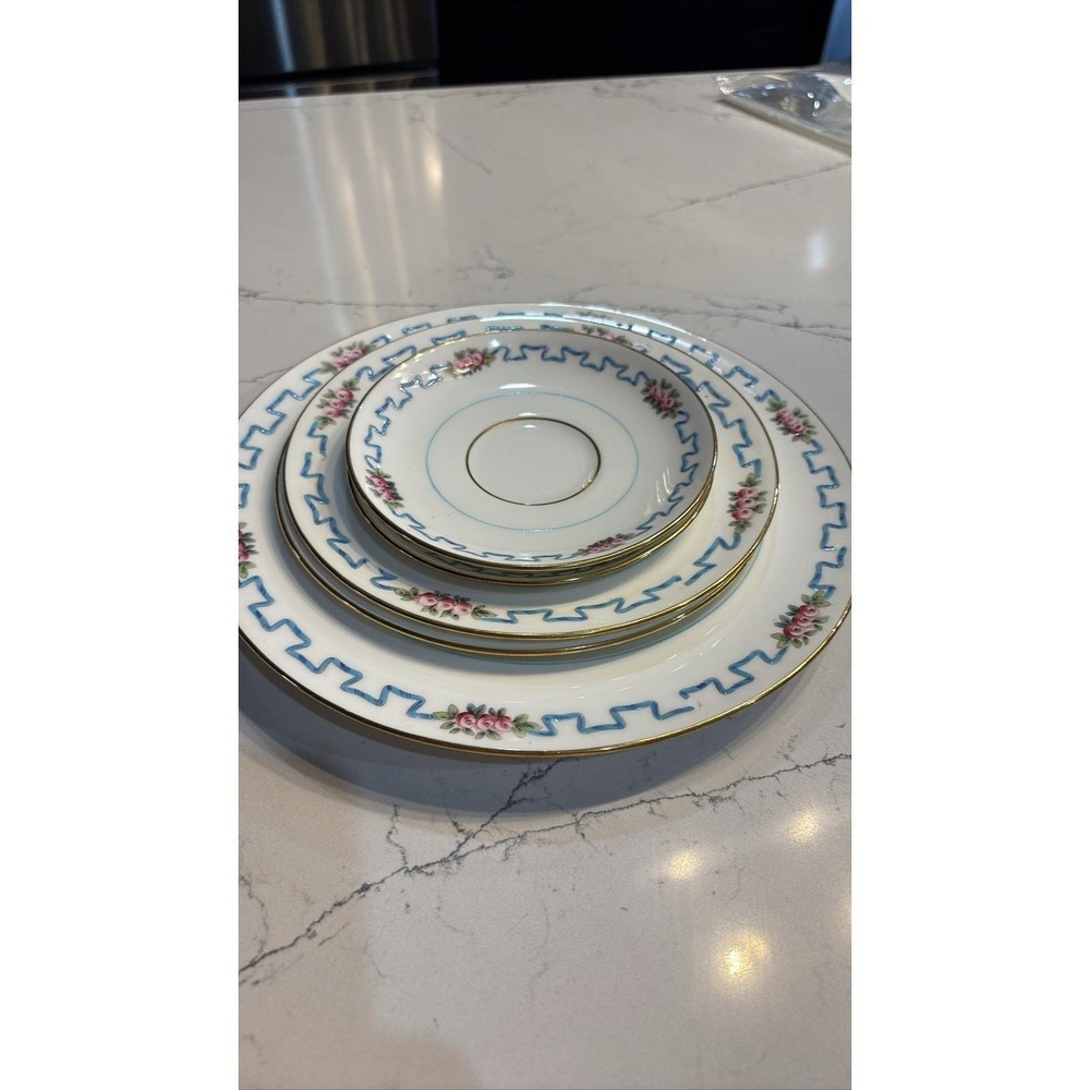 Minton Bone China Blue Ribbon Pink Rose Dinner Salad Tea Saucer Set 5